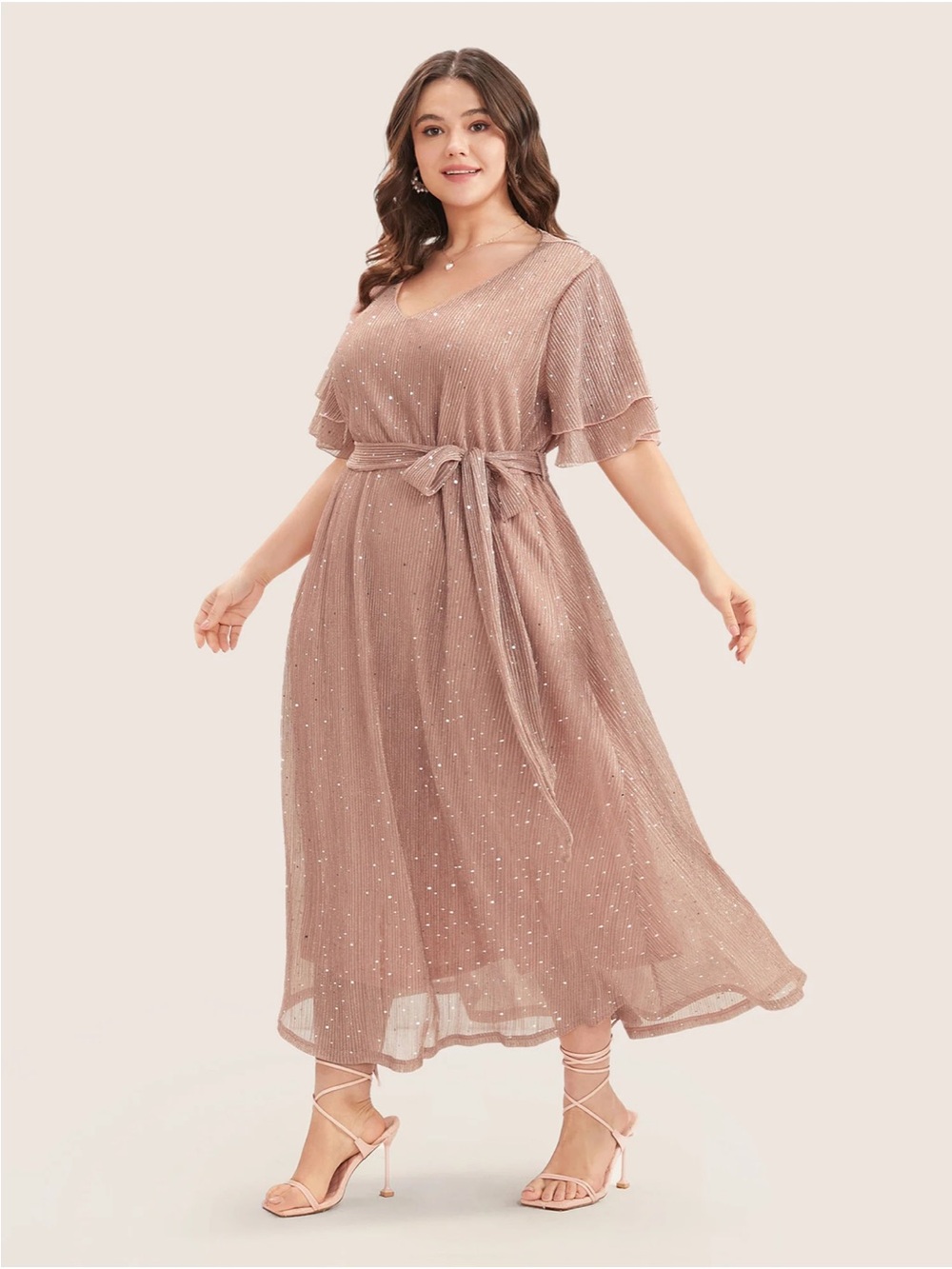BLOOMCHIC | Plain V Neck Mesh Pocket Ruffle Tiered Belted Midi Dress, Size 12
